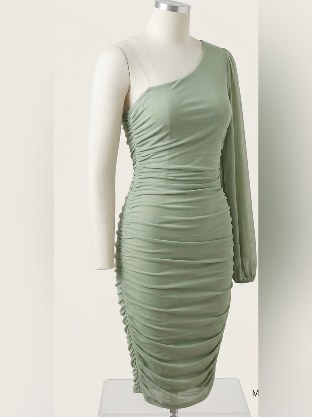 One-Shoulder Draped Midi Dress in Sage Green